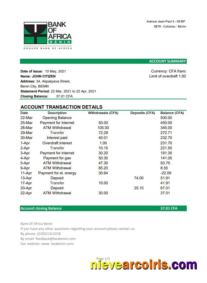 Benin Bank of Africa bank statement easy to fill in Excel and PDF format